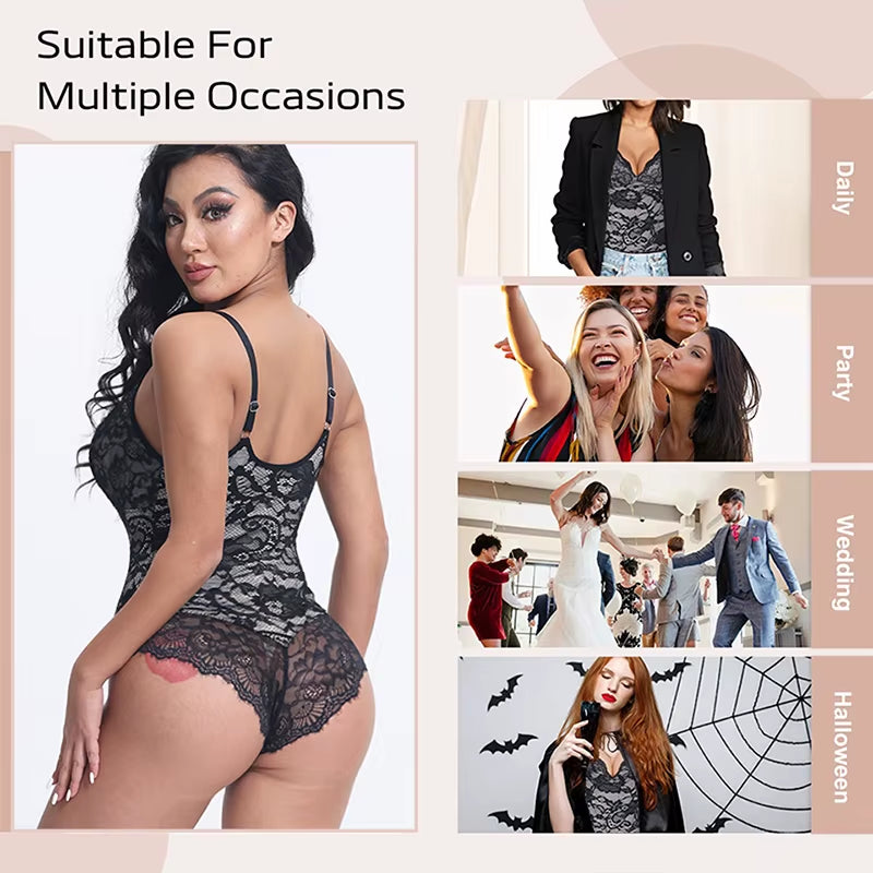 Lace Shapewear Bodysuit Top V-Neck Camisole Jumpsuit Sexy Full Body Shaper Overbust Women Tummy Control Butt Lifting Underwear