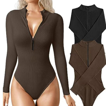 Fashion Long Sleeve Zipper Jumpsuit Seamless Slimming Shapewear for Women Romper