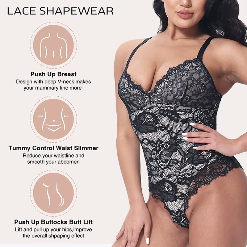 Lace Shapewear Bodysuit Top V-Neck Camisole Jumpsuit Sexy Full Body Shaper Overbust Women Tummy Control Butt Lifting Underwear