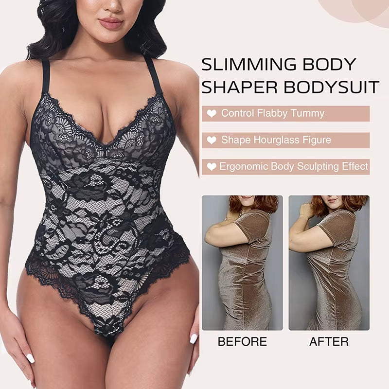 Lace Shapewear Bodysuit Top V-Neck Camisole Jumpsuit Sexy Full Body Shaper Overbust Women Tummy Control Butt Lifting Underwear