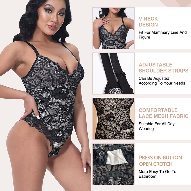 Lace Shapewear Bodysuit Top V-Neck Camisole Jumpsuit Sexy Full Body Shaper Overbust Women Tummy Control Butt Lifting Underwear